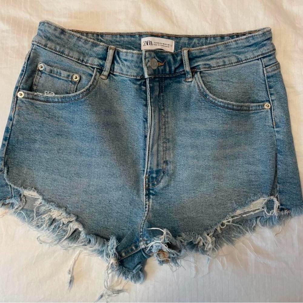 Zara acqua blue denim shorts featuring raw hem finish